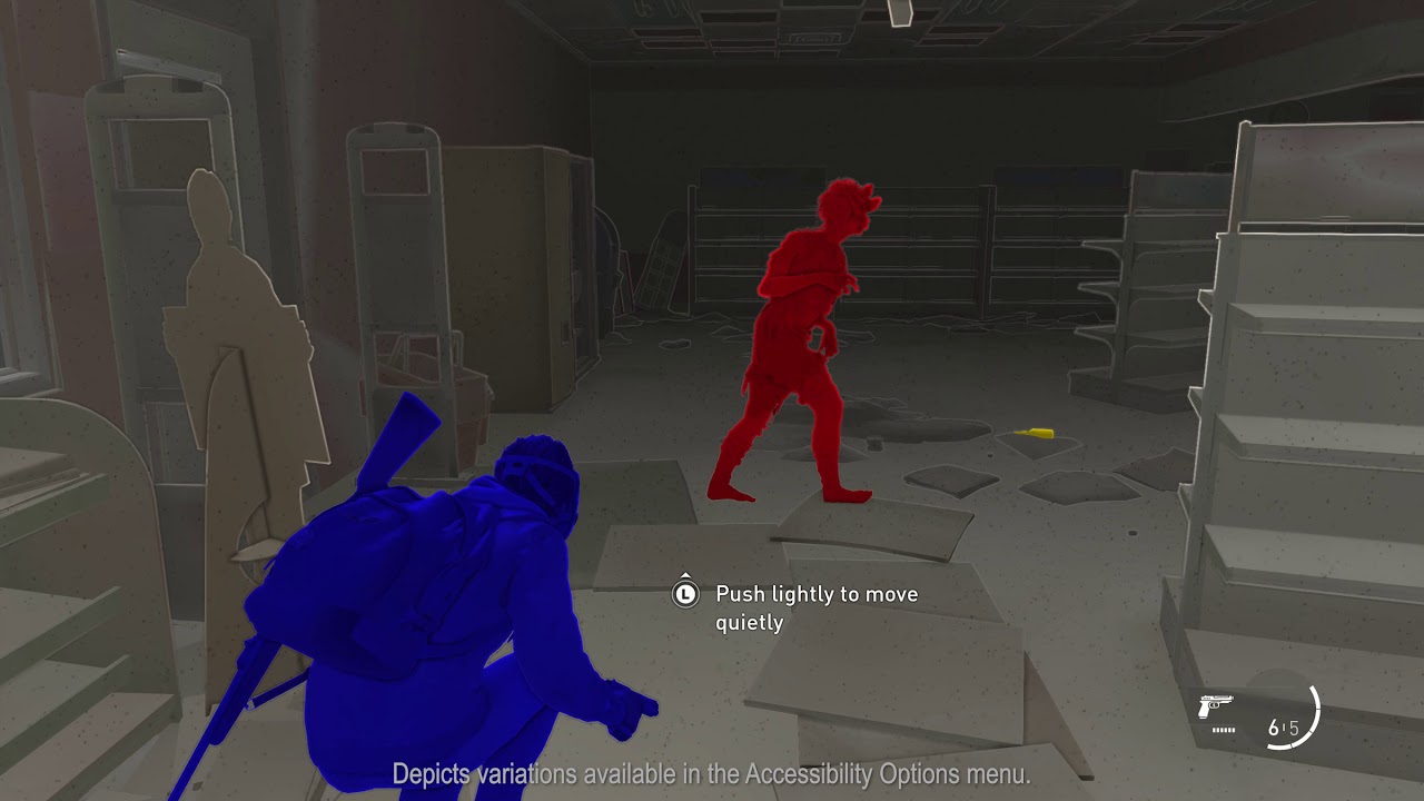 Nella foto sopra riportata è presente un fotogramma del gioco "The Last of Us Parte 2" con le opzioni di contrasto attive