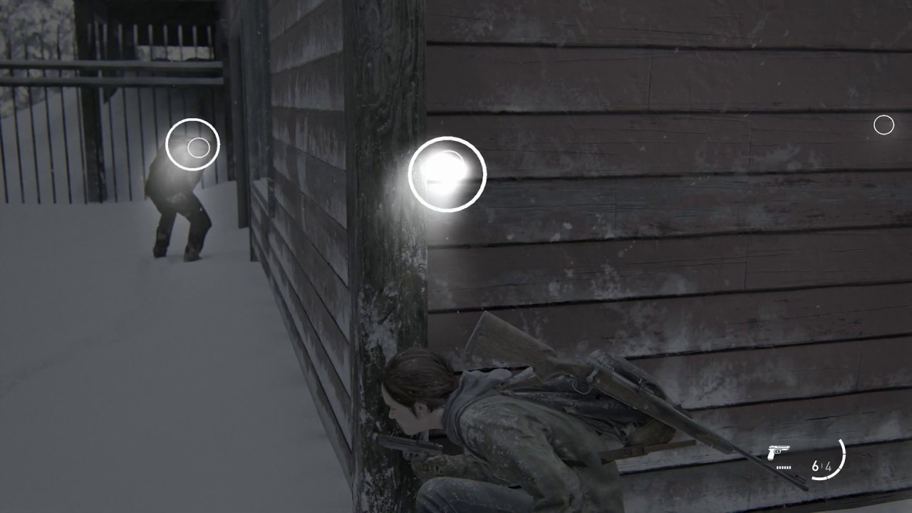 Nella foto sopra riportata è presente un fotogramma del gioco "The Last of Us Parte 2" con le opzioni di Indicatori Sonori Visivi attive